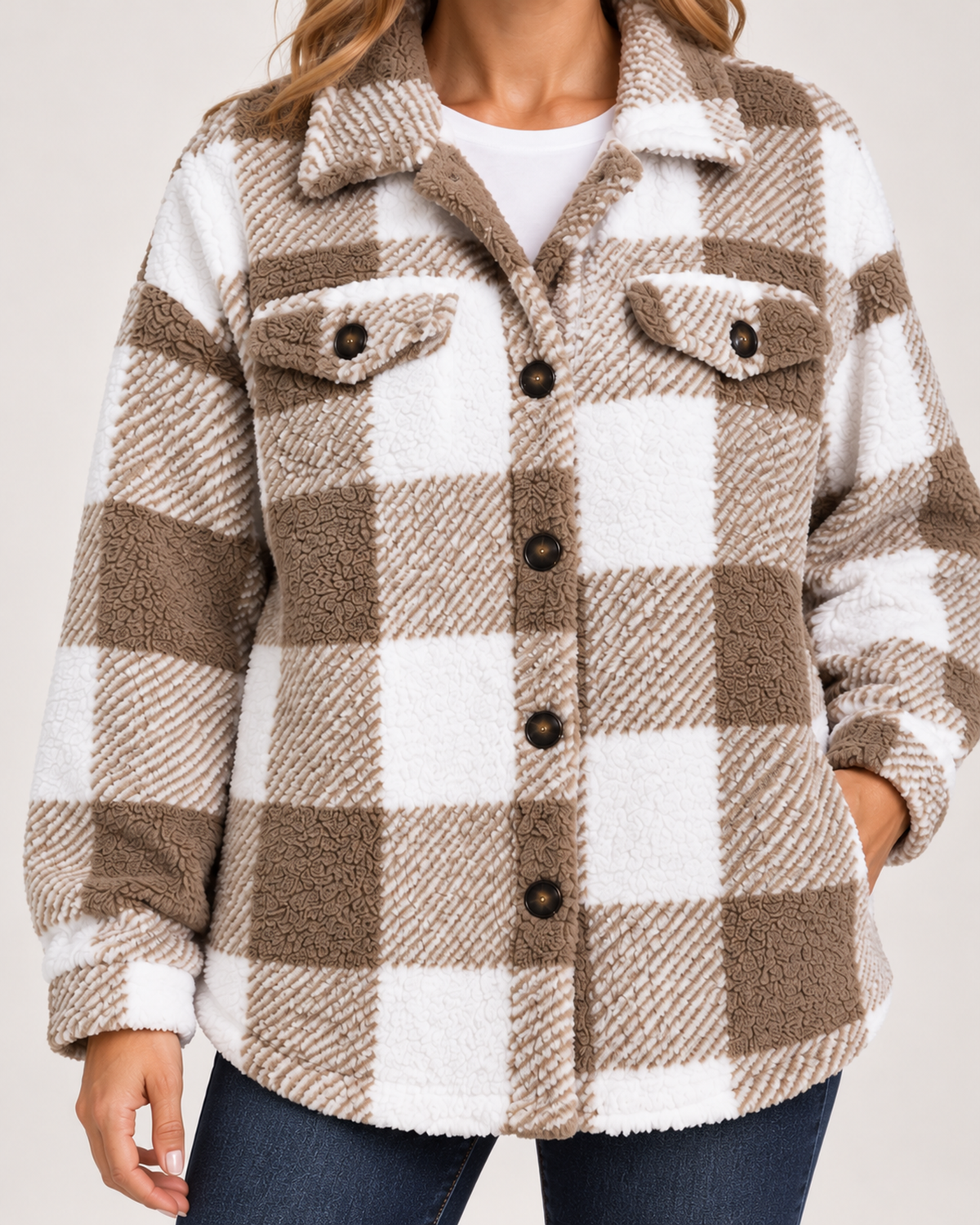 Women's Fleece Jacket with Checked Pattern and Button Front product view