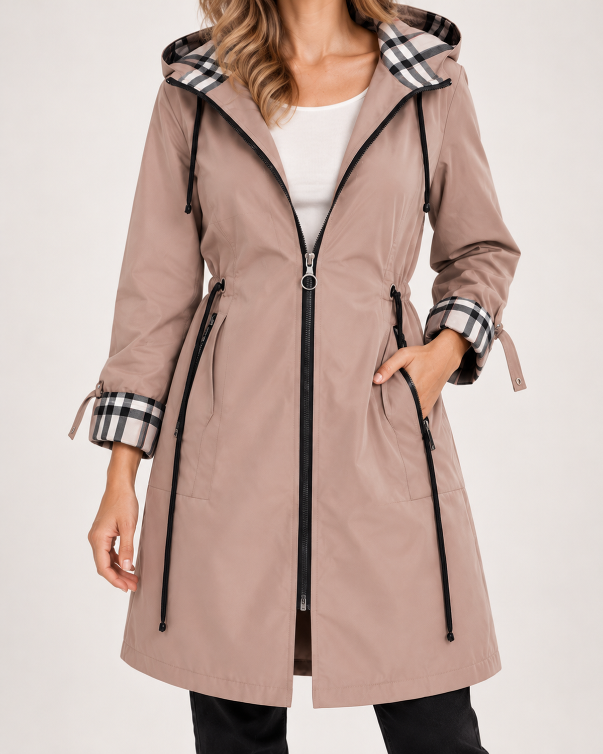 Women's Raincoat with Hood, Checked Trim and Belt product view