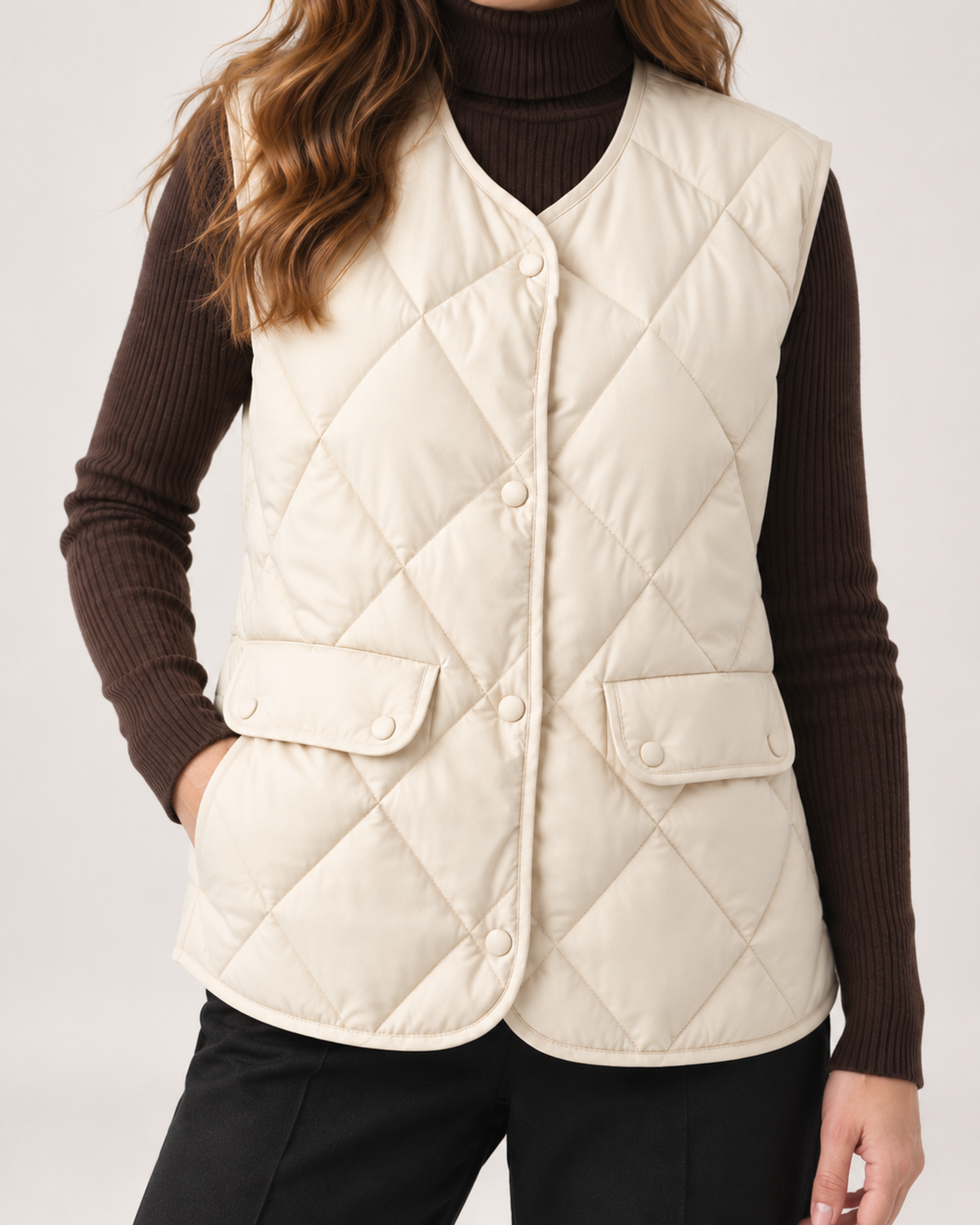 Women's Quilted Gilet with Diamond Design and Patch Pockets product view