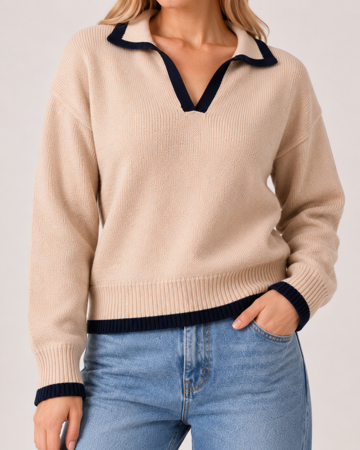 Women's V Neck Collared Knitted Jumper product view