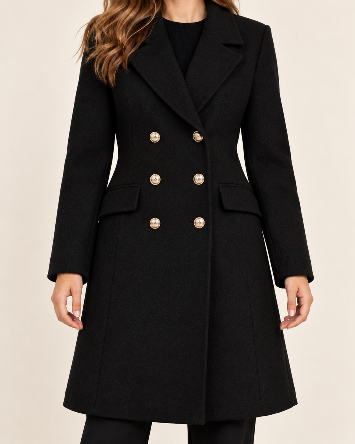 Women's black double breasted lapel coat product detail view