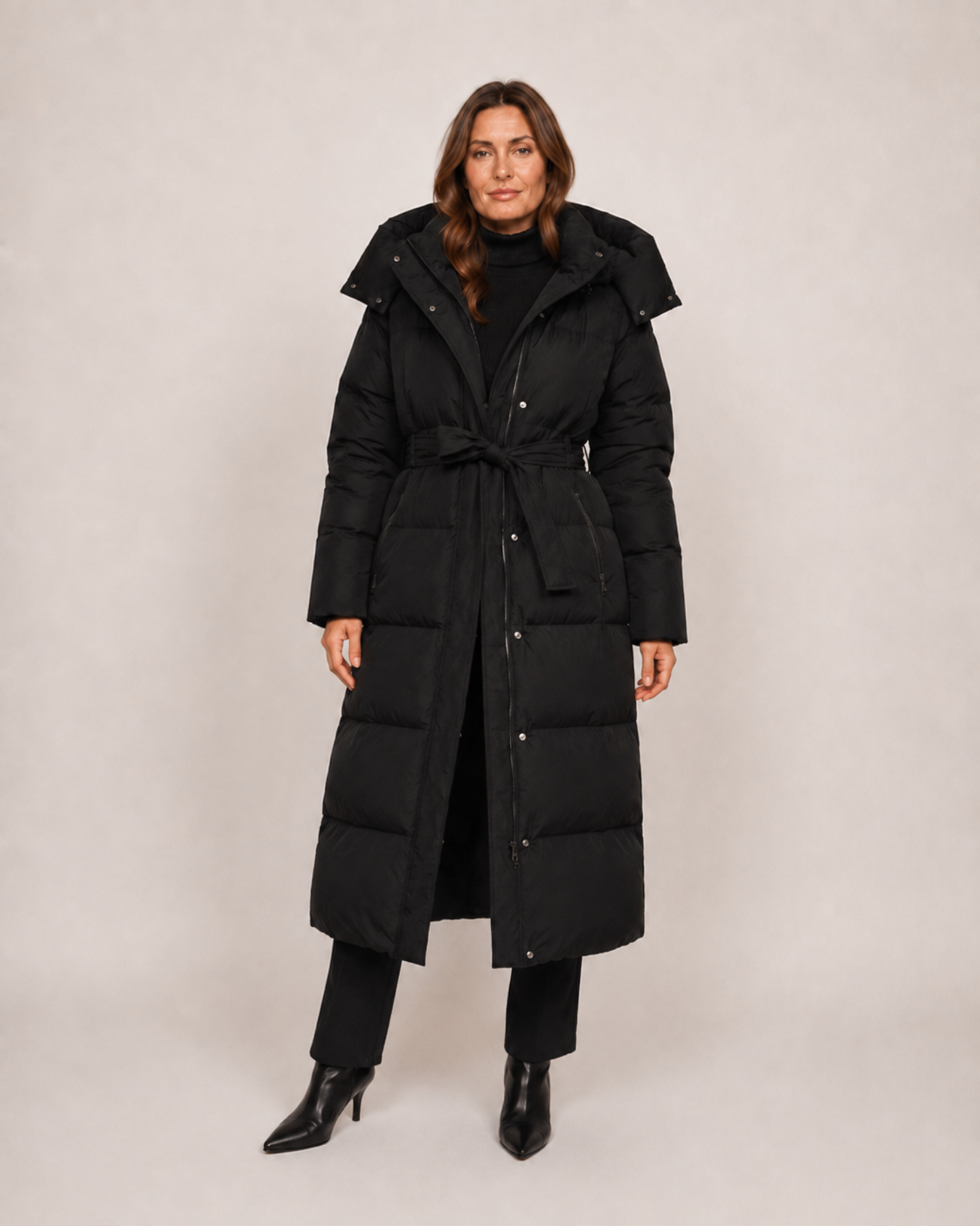 Women’s Long Puffer Coat with Hood and Belt in Black, full body view