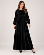 Women’s Velvet Maxi Dress with Draped Waist in Black, full body view