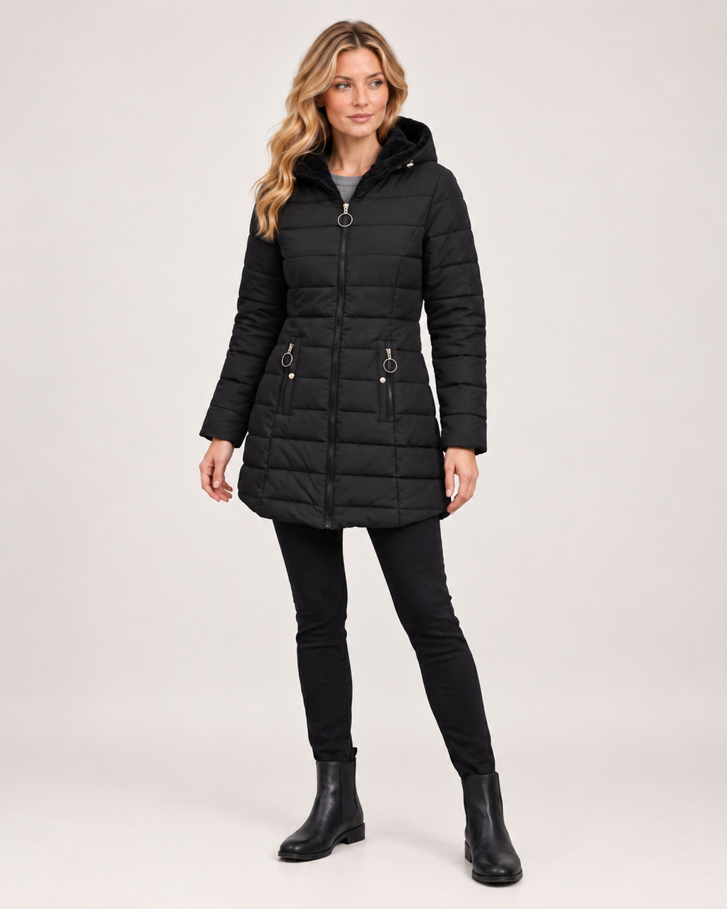 Women’s Quilted Jacket with Hood and Longline Shape in Black, full body view