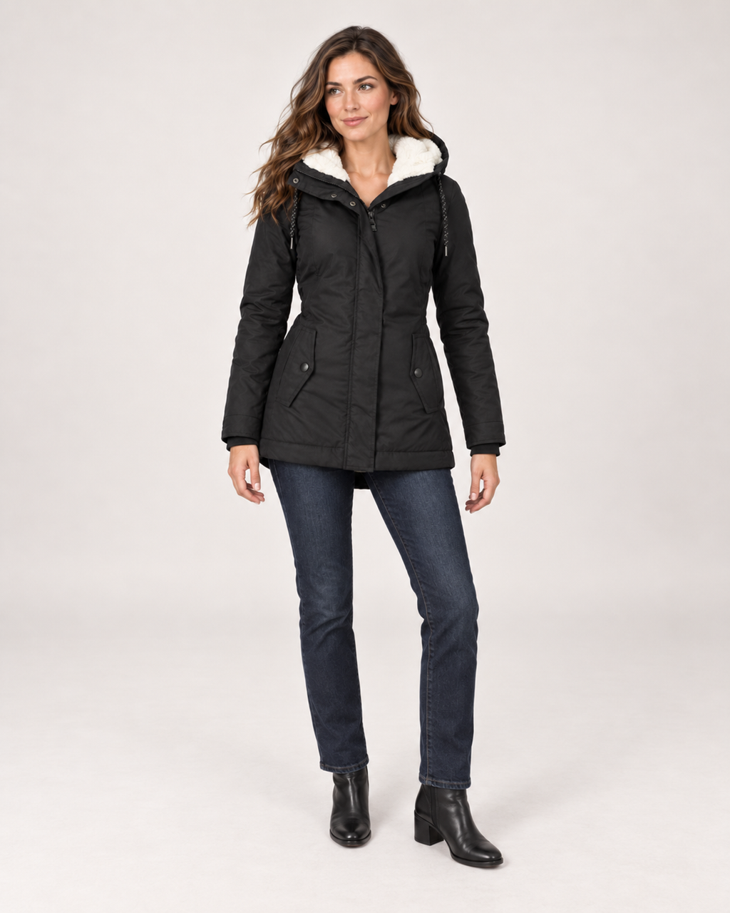 Women’s Fleece Lined Jacket with Hood and Zip Front in Black, full body view