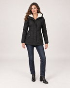 Women’s Fleece Lined Jacket with Hood and Zip Front in Black, full body view
