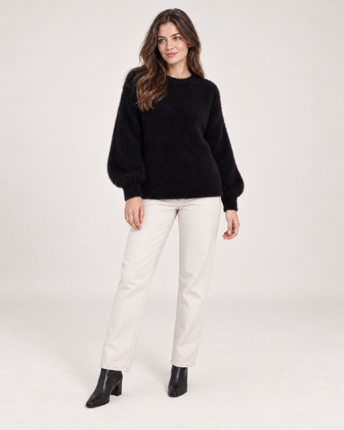 Women’s Fluffy Jumper with Crew Neck in Black, full body view