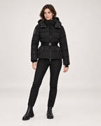 Women’s Ski Jacket in Black with Belt and Hood in Black, full body view