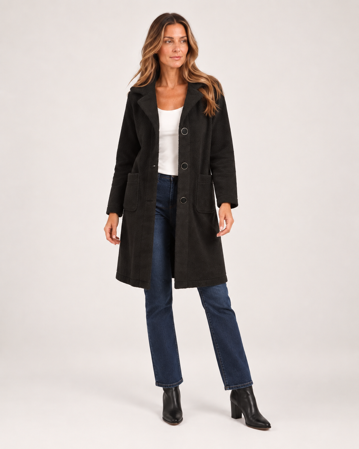 Women’s Longline Cardigan with Button Front and Pockets in Black, full body view
