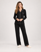 Women’s Pyjama Set in Modal with Contrast Piping in Black, full body view