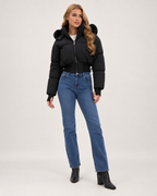 Women’s Puffer Jacket with Cropped Shape and Detachable Hood Trim in Black, full body view