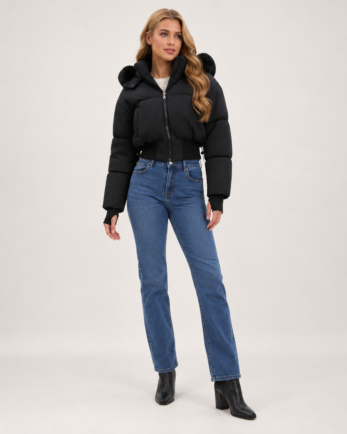 Women’s Puffer Jacket with Cropped Shape and Detachable Hood Trim in Black, full body view