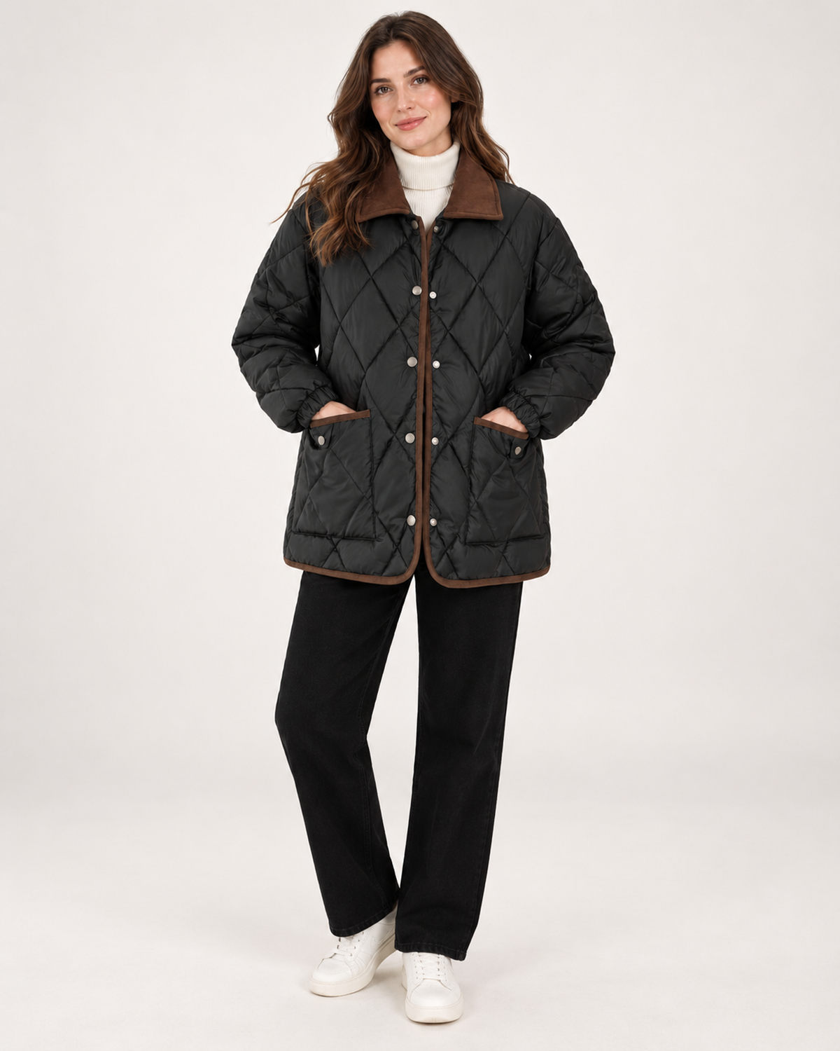 Women’s Quilted Jacket with Contrast Collar in Black, full body view