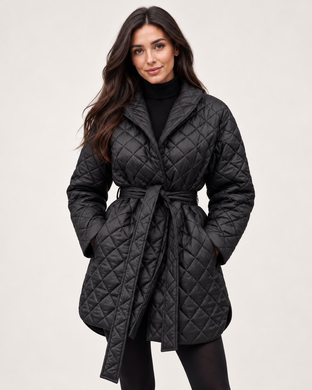 Women’s Quilted Coat with Belt and Lapel Collar in Black, full body view