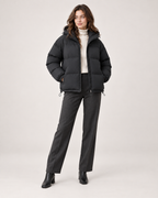 Women’s Puffer Jacket with Hood and Drawcord Hem in Black, full body view