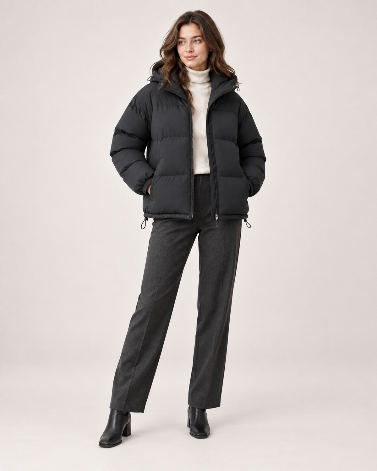 Women’s Puffer Jacket with Hood and Drawcord Hem in Black, full body view