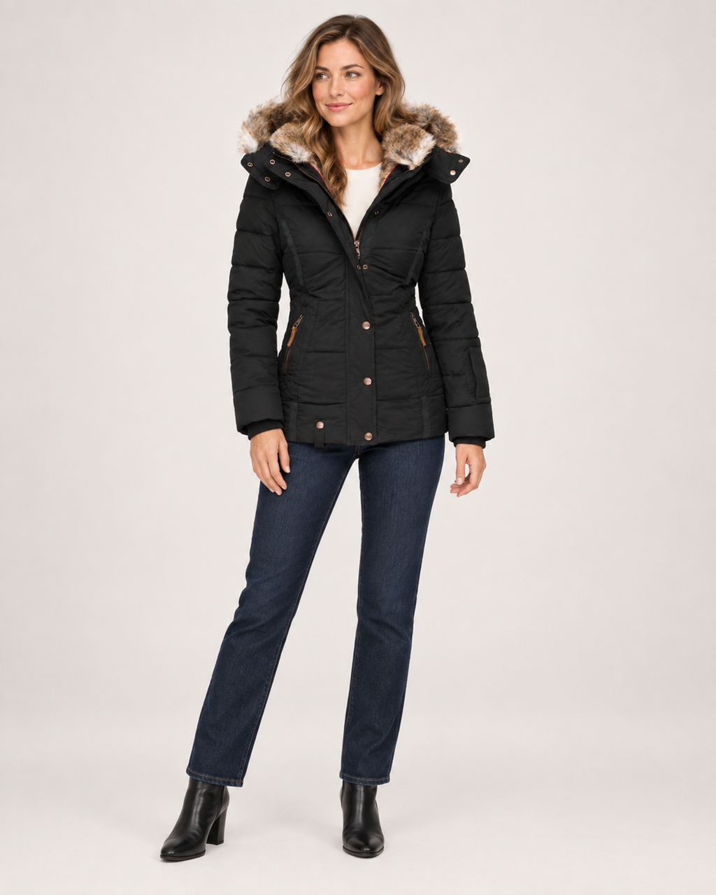 Women’s Puffer Jacket with Faux Fur Hood in Black, full body view