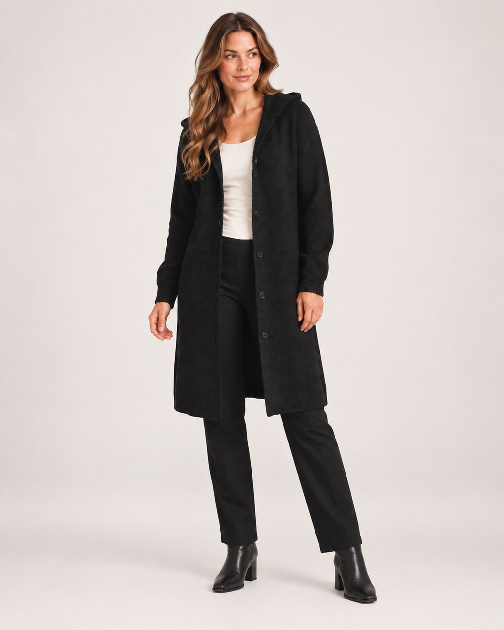 Women’s Longline Cardigan with Hood and Button Front in Black, full body view