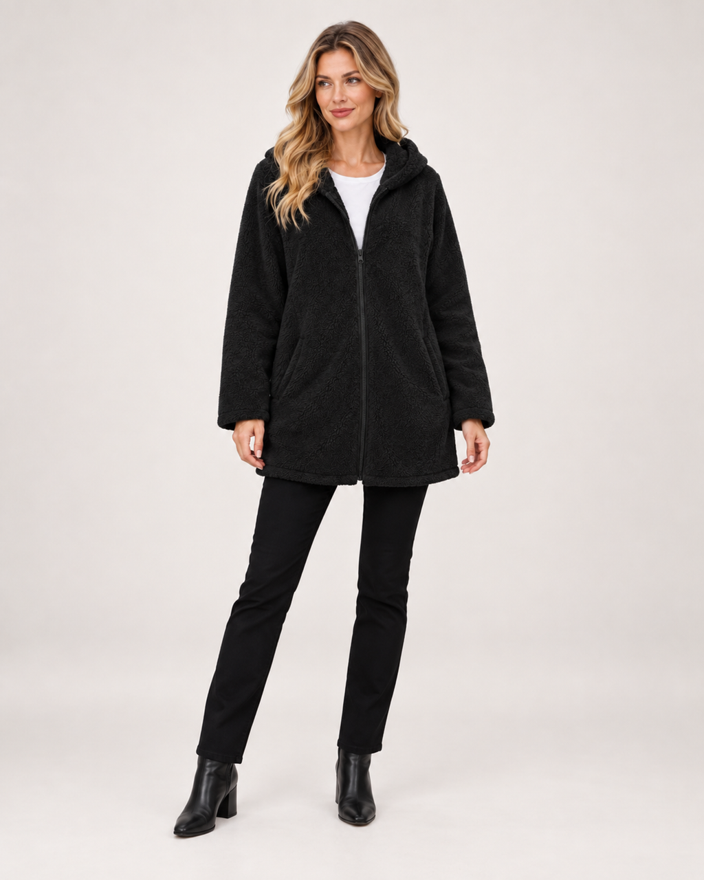 Women’s Fleece Jacket with Hood and Zip Front in Black, full body view