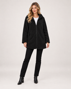 Women’s Fleece Jacket with Hood and Zip Front in Black, full body view