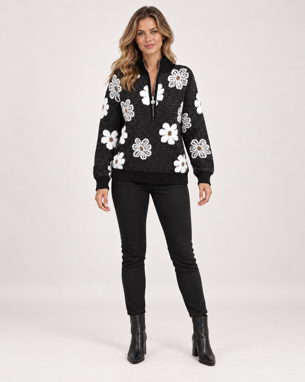 Women’s Half-Zip Jumper with Floral Pattern in Black, full body view
