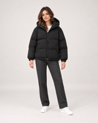 Women’s Puffer Jacket with Hood and Zip Front in Black, full body view