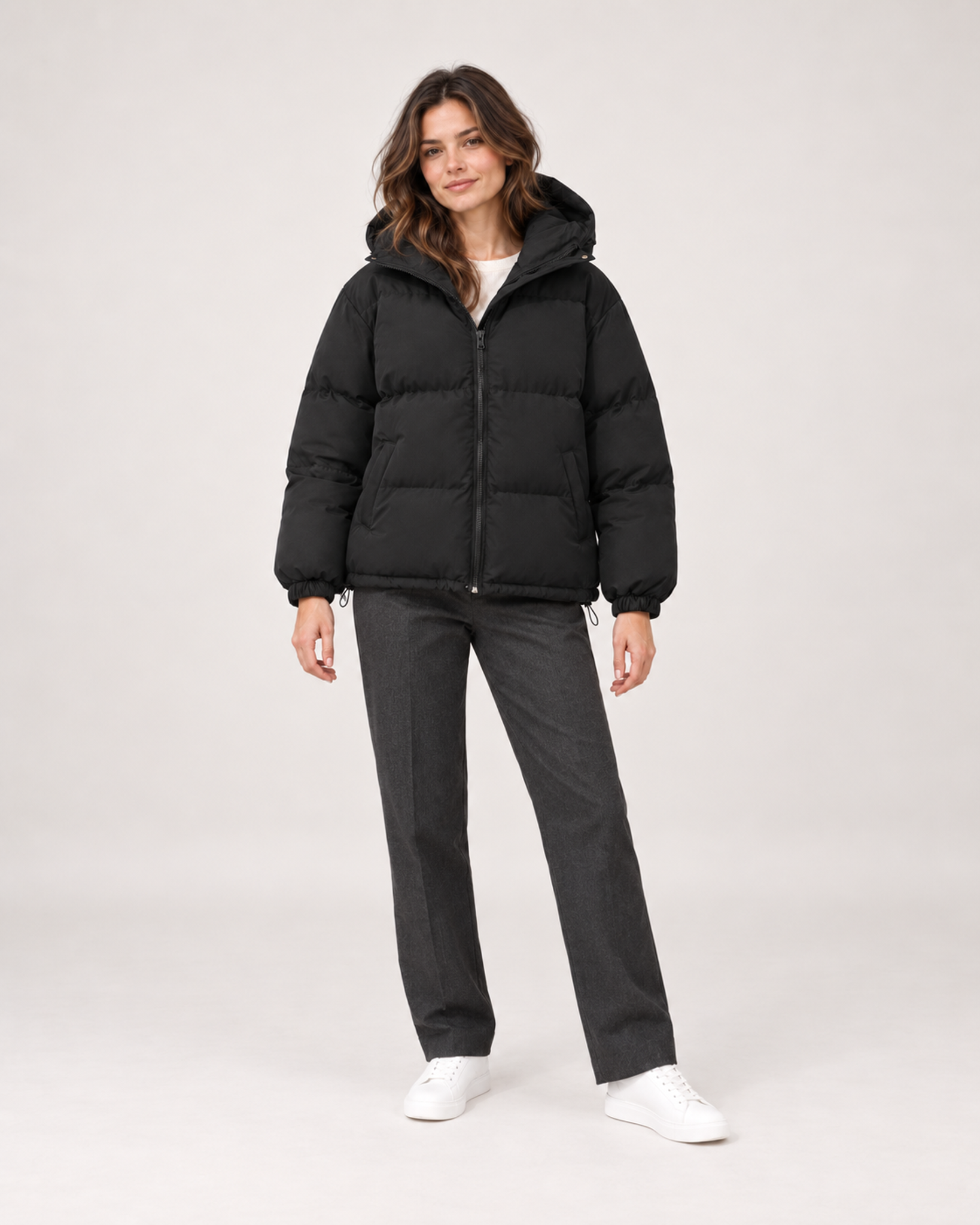 Women’s Puffer Jacket with Hood and Zip Front in Black, full body view
