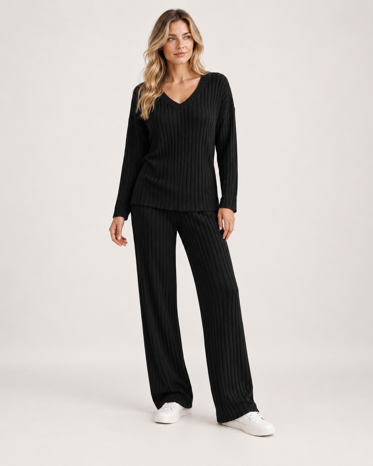 Women’s Co-Ord Set with Ribbed V-Neck Top and Wide Leg Trousers in Black, full body view