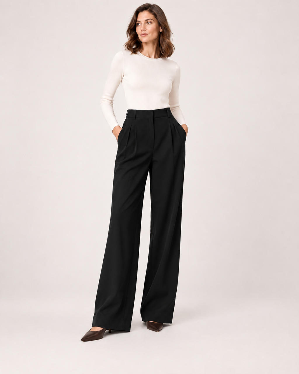 Women’s Straight Leg Trousers with High Waist and Front Pleats in Black, full body view