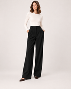 Women’s Straight Leg Trousers with High Waist and Front Pleats in Black, full body view