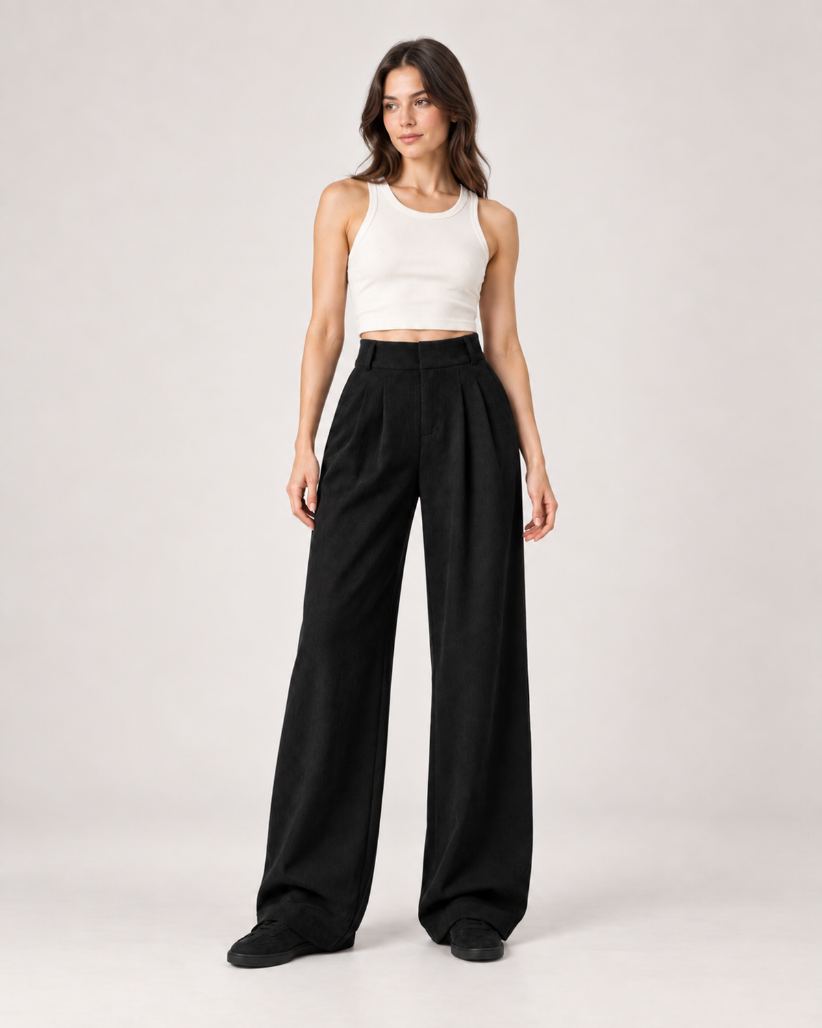 Women’s Wide Leg Trousers with High Waist and Front Pleats in Black, full body view