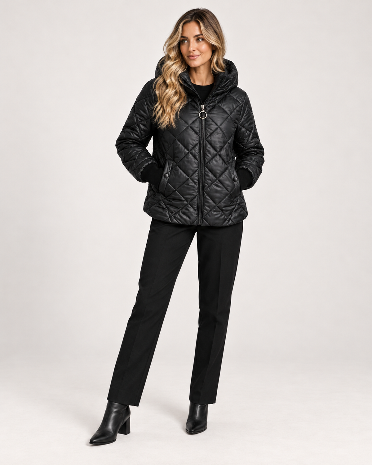 Women’s Quilted Jacket with Hood and Zip Front in Black, full body view