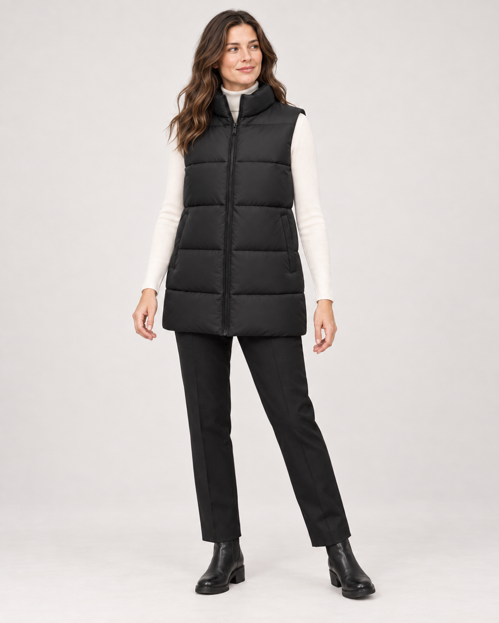 Women’s Puffer Gilet with Longline Shape and Stand Collar in Black, full body view