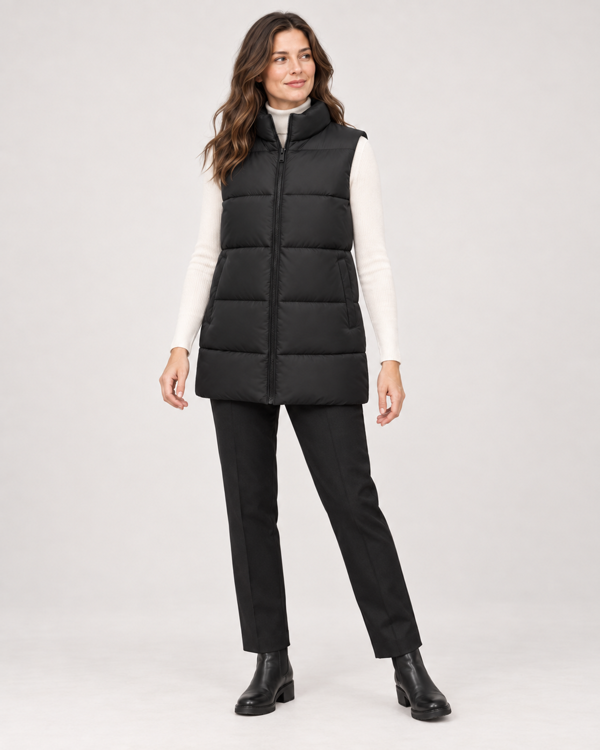 Women’s Puffer Gilet with Longline Shape and Stand Collar in Black, full body view