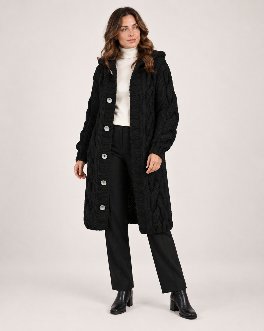Women’s Longline Cardigan with Cable Knit and Hood in Black, full body view