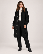 Women’s Longline Cardigan with Cable Knit and Hood in Black, full body view