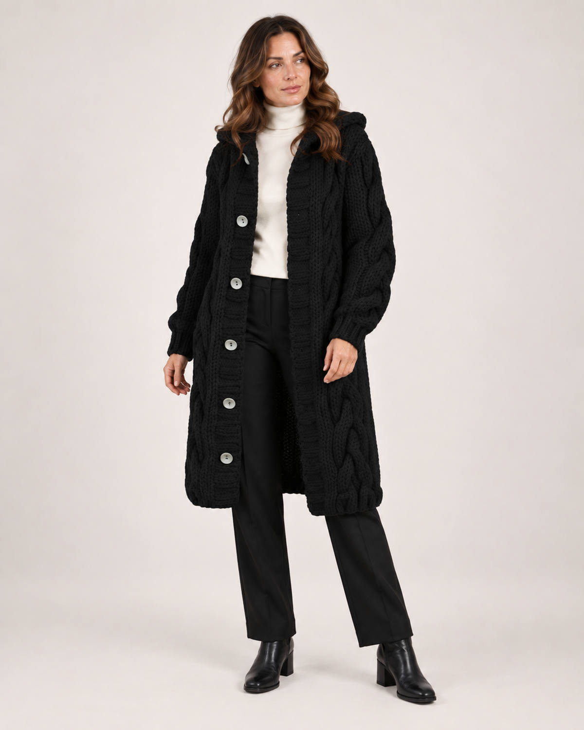 Women’s Longline Cardigan with Cable Knit and Hood in Black, full body view