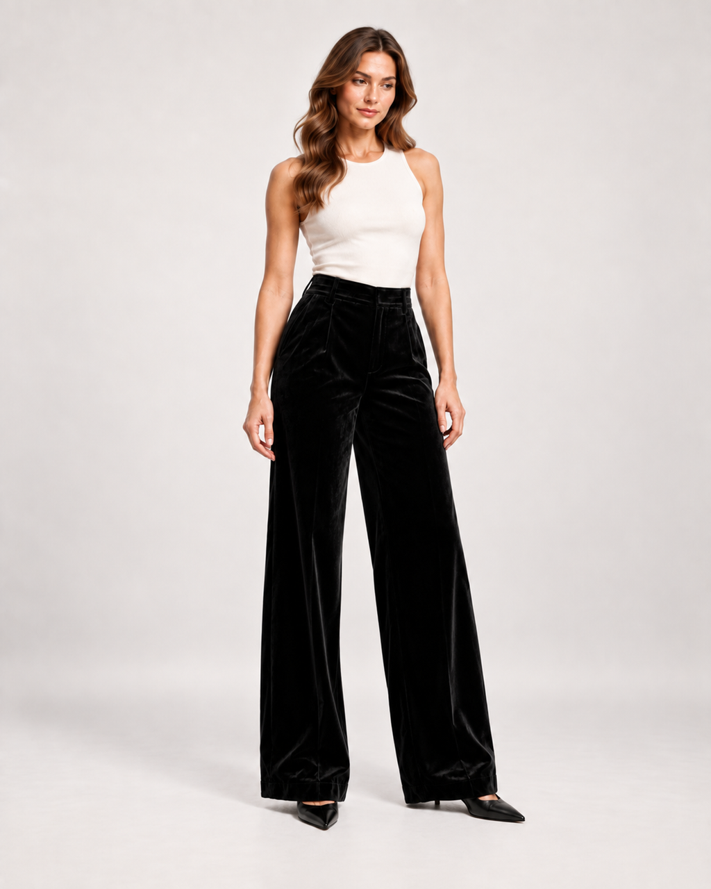 Women’s Wide Leg Trousers with High Waist and Pockets in Black, full body view