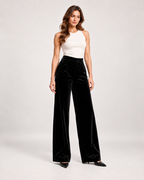Women’s Wide Leg Trousers with High Waist and Pockets in Black, full body view
