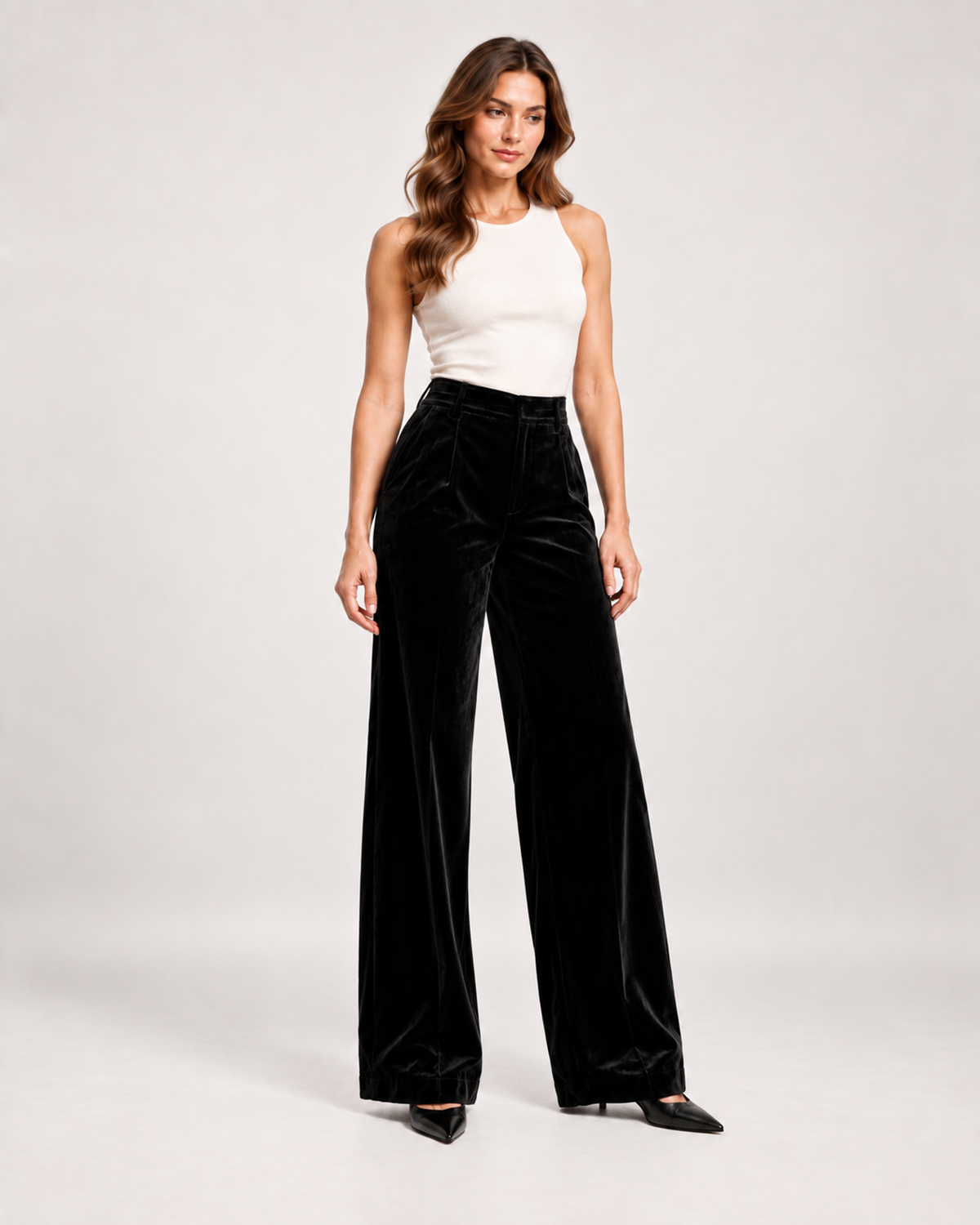 Women’s Wide Leg Trousers with High Waist and Pockets in Black, full body view