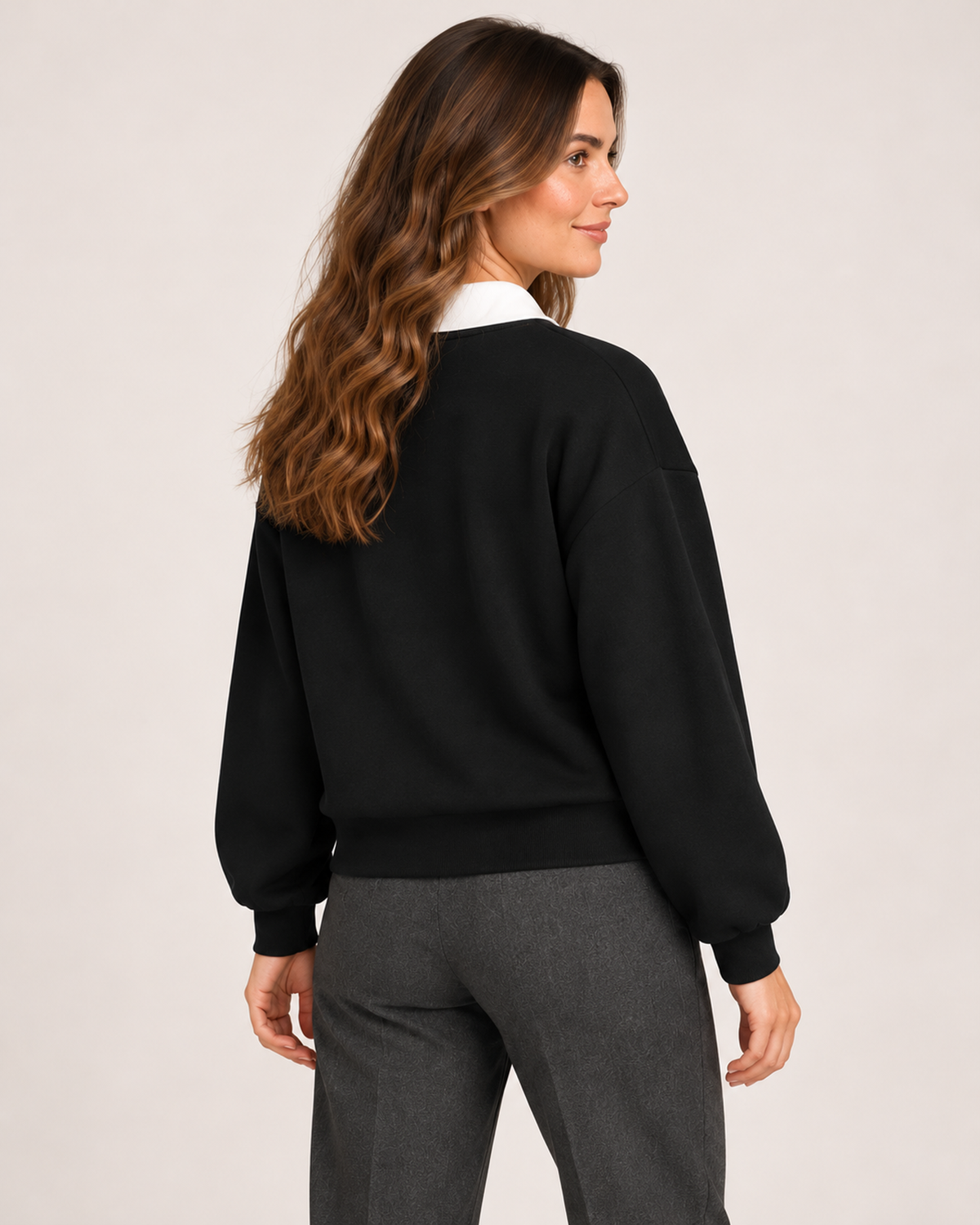 Women’s Collared Jumper with Layered Shirt Detail in Black, full body view
