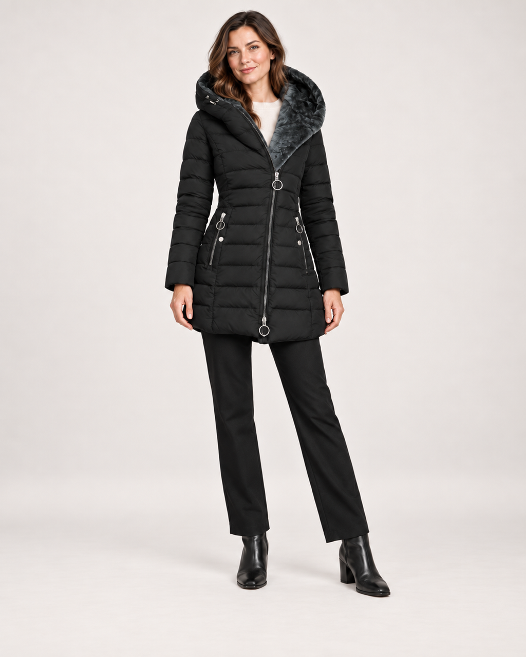 Women’s Long Puffer Jacket with Hood and Asymmetric Zip in Black, full body view