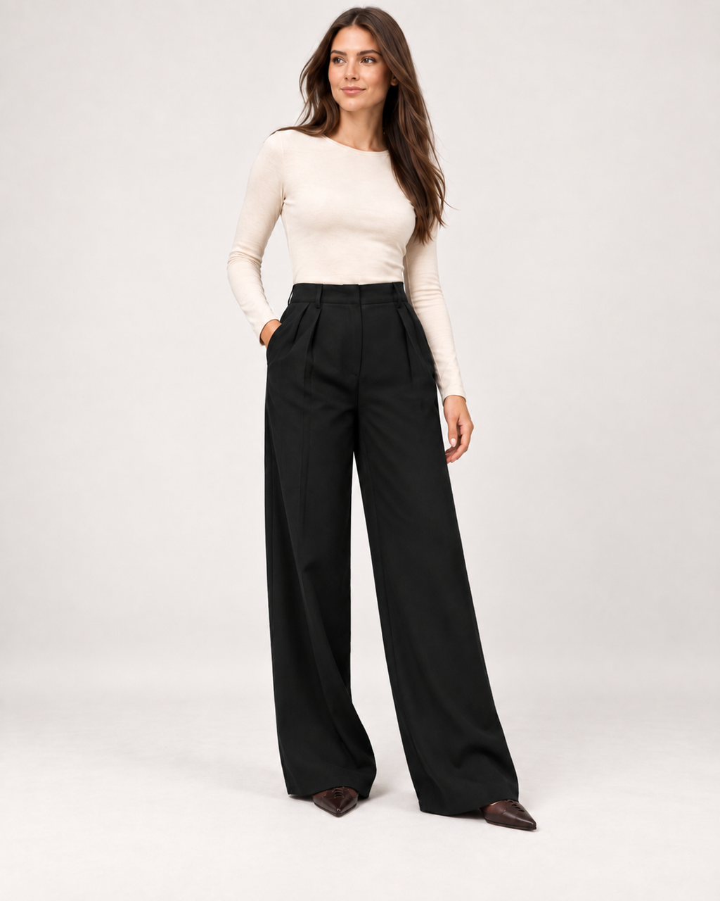 Women’s Wide Leg Trousers with High Waist and Side Pockets in Black, full body view