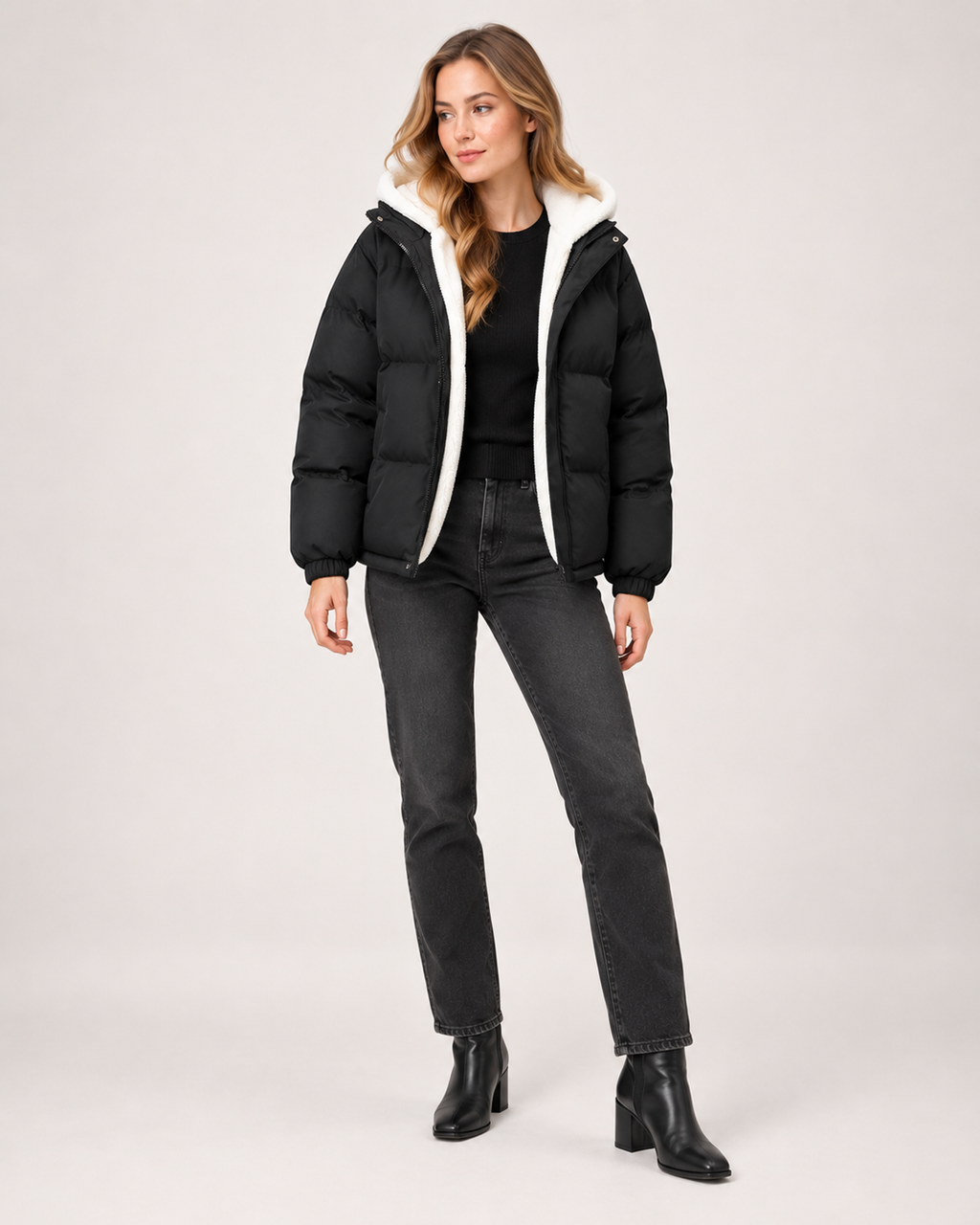 Women’s Puffer Jacket with Hood and Zip Front in Black, full body view