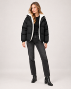 Women’s Puffer Jacket with Hood and Zip Front in Black, full body view