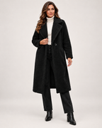 Women’s Borg Coat with Long Shape and Lapel Collar in Black, full body view