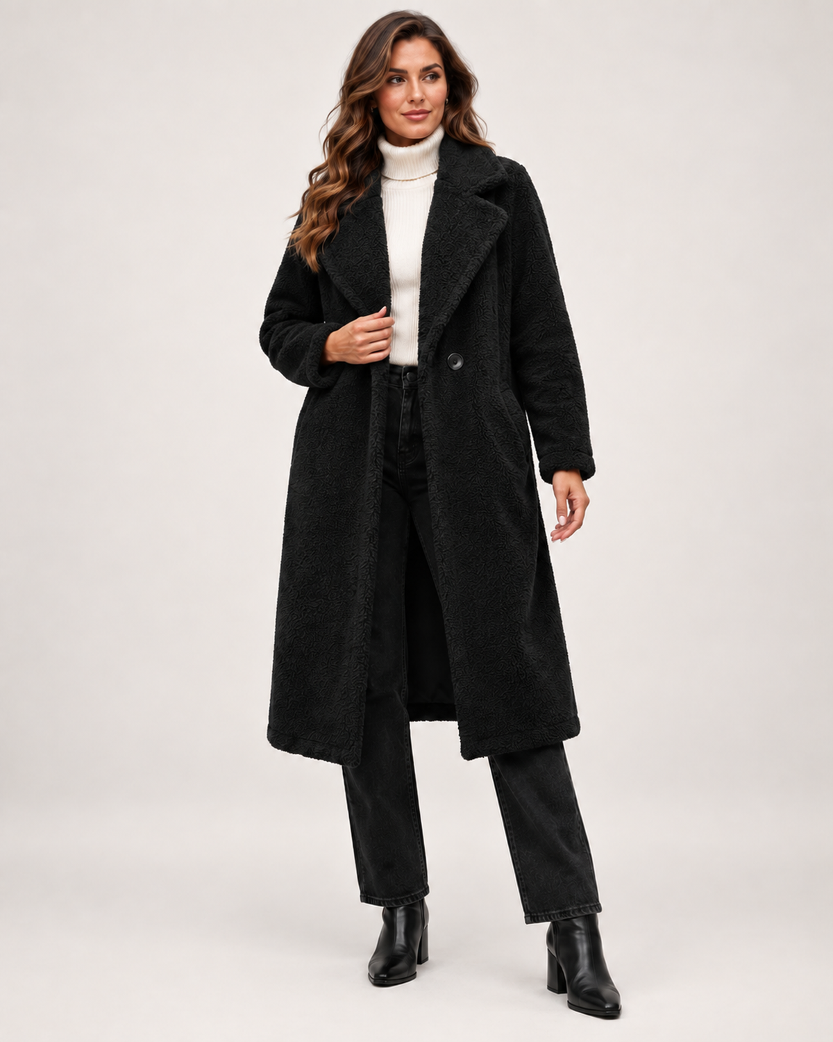 Women’s Borg Coat with Long Shape and Lapel Collar in Black, full body view