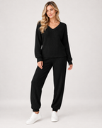 Women’s Loungewear Set with Ribbed Finish and V Neck in Black, full body view