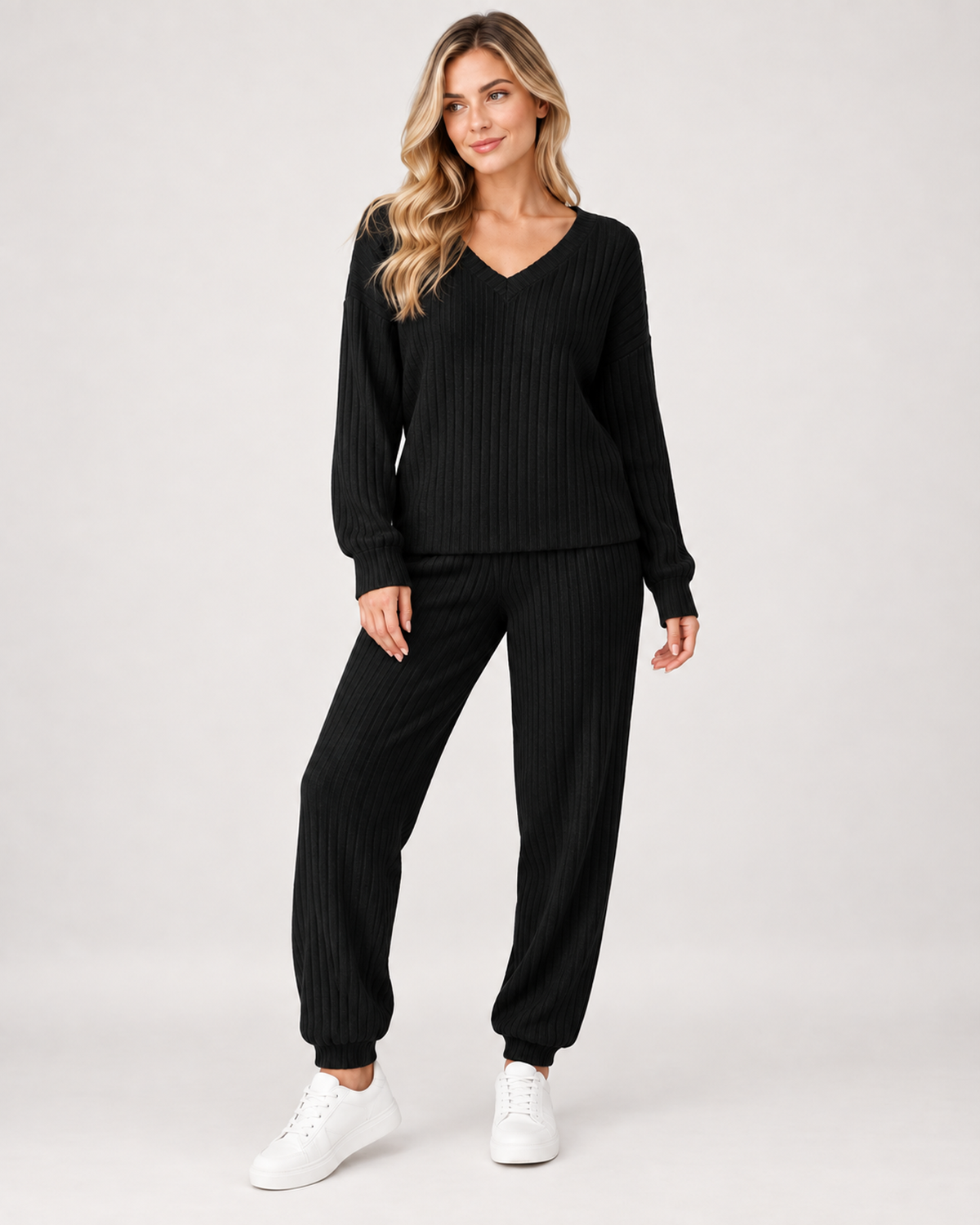 Women’s Loungewear Set with Ribbed Finish and V Neck in Black, full body view