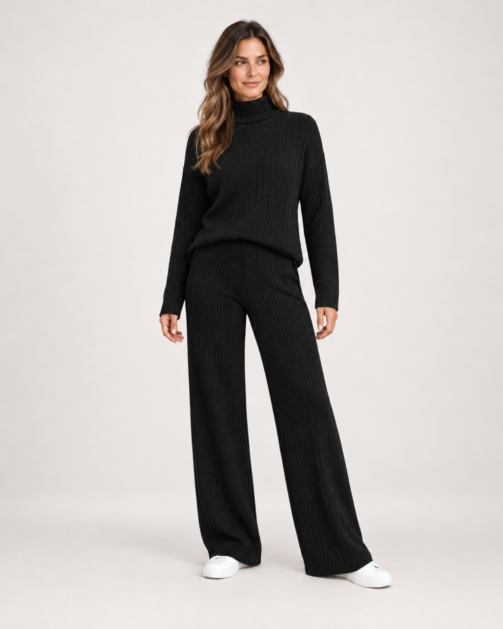 Women’s Knitted Co-Ord Set with Roll Neck and Wide Leg Trousers in Black, full body view